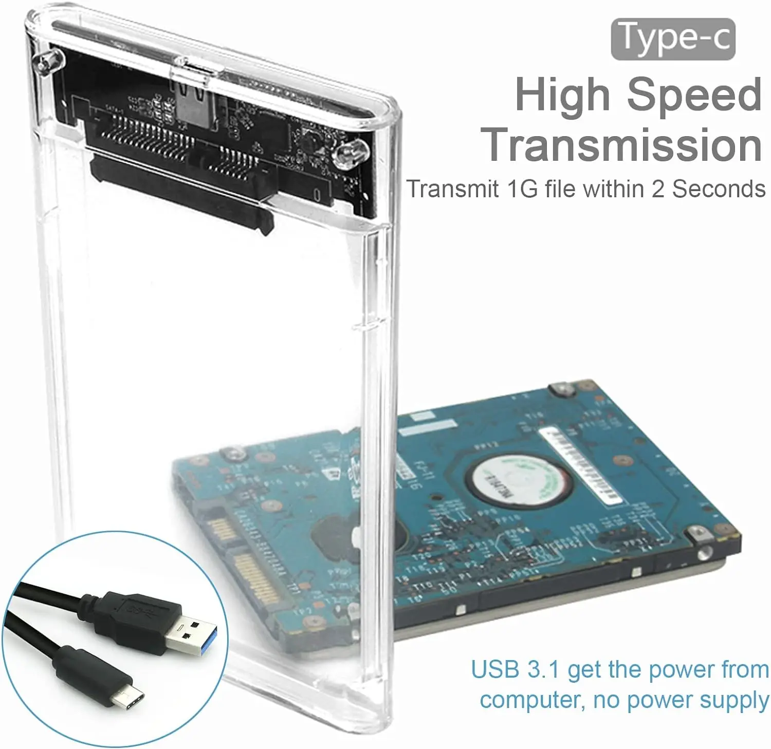 2.5 inch USB C Hard Drive Enclosure USB 3.1 to SATA III 6Gbps Clear External Hard Drive Case for 7mm 9.5mm 2.5 inch SATA SSD HDD