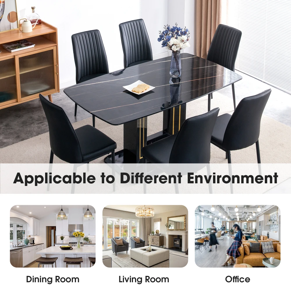 7 Piece Dining Table Set for 6,Faux Marble Top Dining Room Table, 6 PU Dining Chairs, for Room Kitchen, Black+White