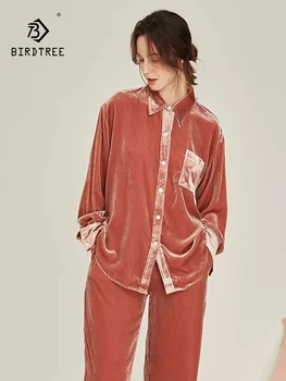 BirdTree 100%Mulberry Silk Velvet Pajamas Set, Women's Long Sleeved Vintage, Casual Soft Home Fury, 2024 Spring Autumn S41971QC