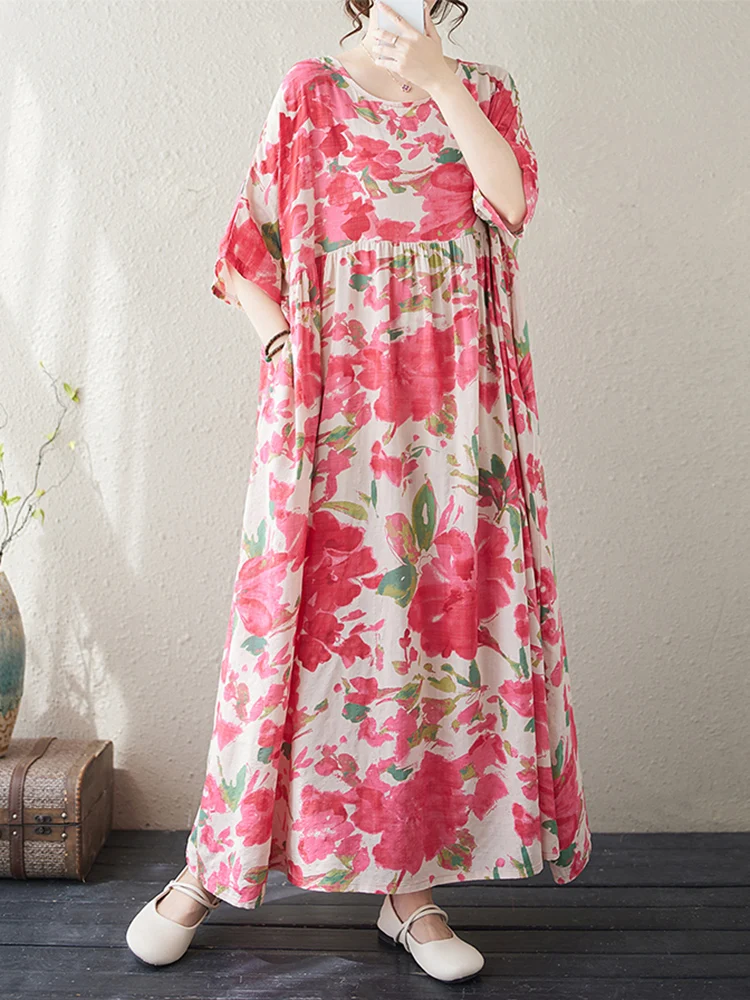 2025 Summer Cotton Vintage Casual Loose Print Red Dresses For Women Short Sleeve Dress Femme Robe Vestidos Elegant Long Clothing