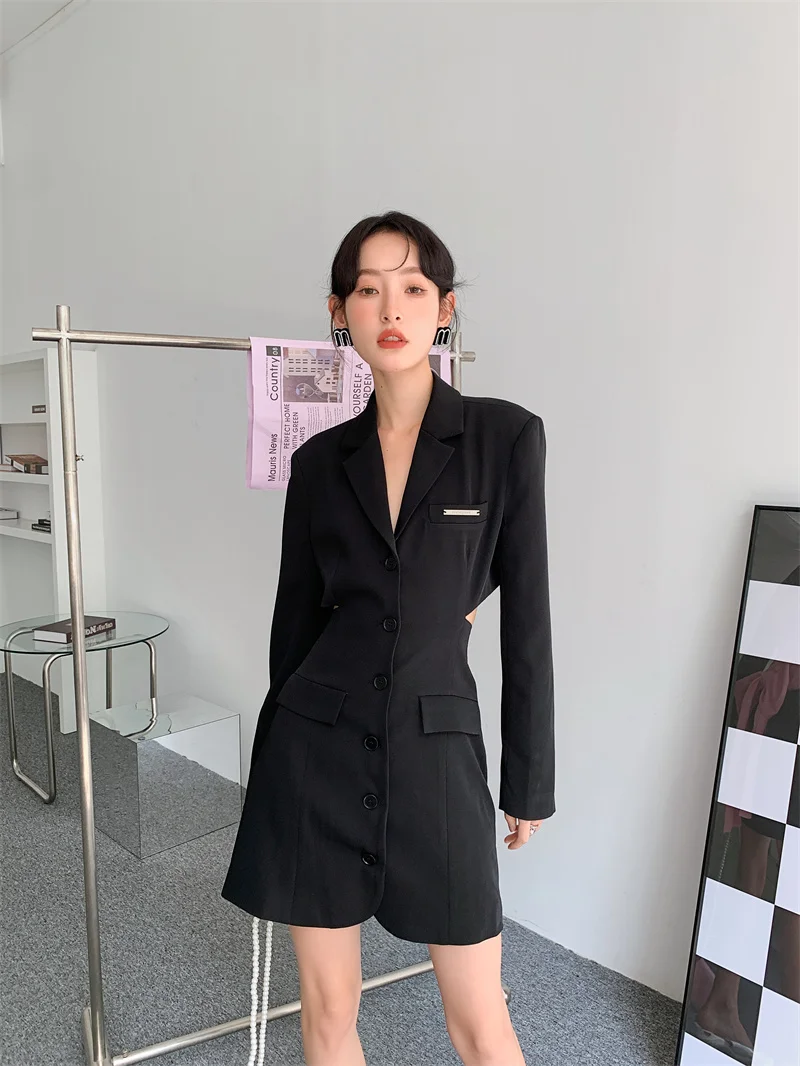 CHEERART Spring 2022 Womens Fashion Open Back Blazer Dress Tunic Black Lace  Up Mini Button Ladies Evening Party Tailored Dress