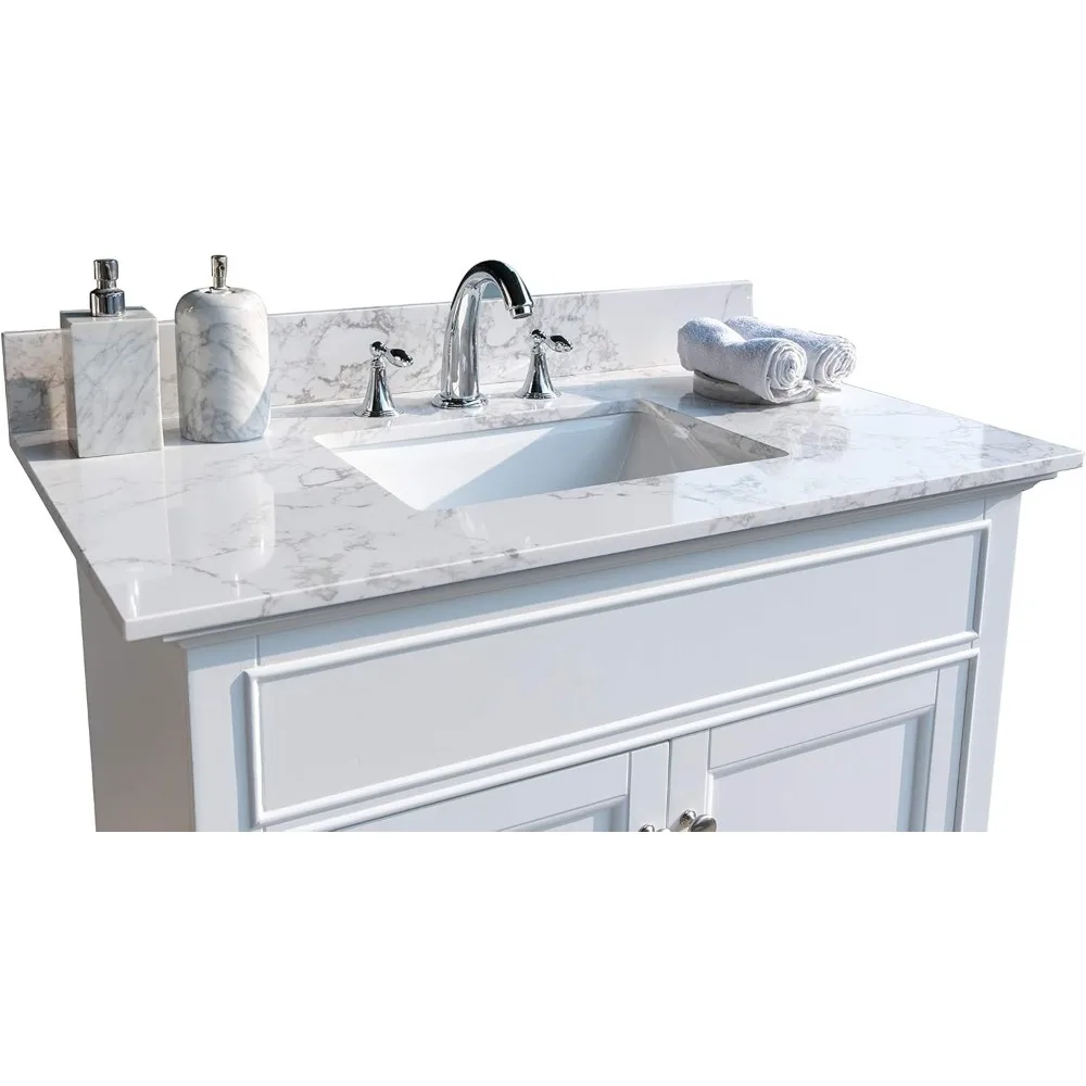 31 Inch Marble Vanity Top with Undermounted Rectangular Ceramic Sink & Backsplash, Engineered Stone Countertop Vanity Sink Top 3