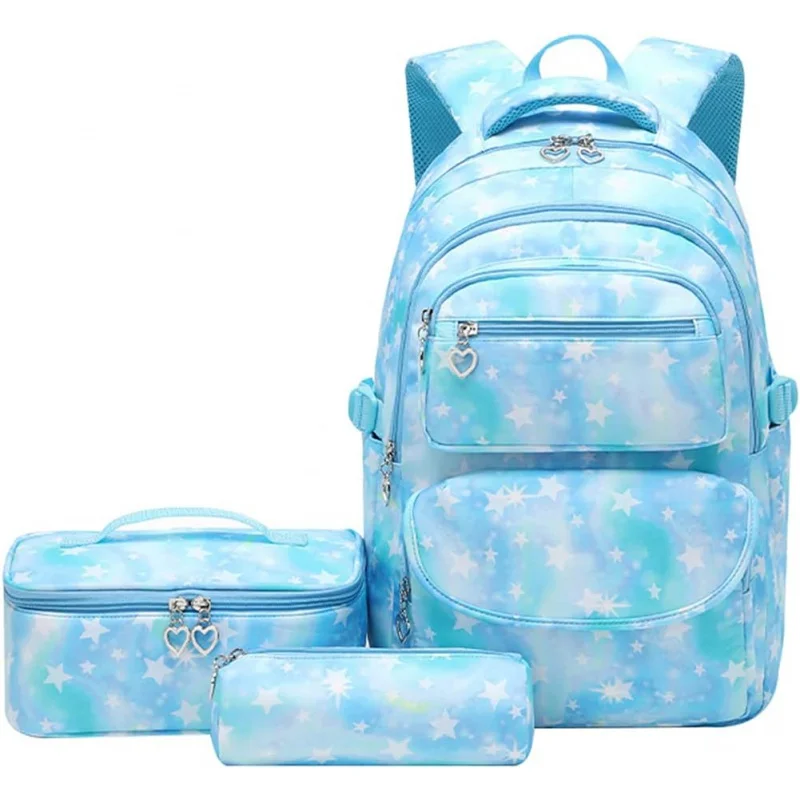 

kawaii Backpack School Backpack Sets 3pcs Stars Prints Daypack For Teens Girls Primary School Students(Blue Stars,22 Liters)