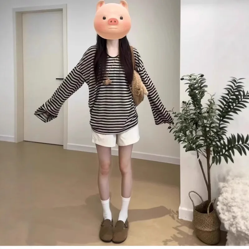 Women Black White Striped Long Sleeve Loose T Shirt