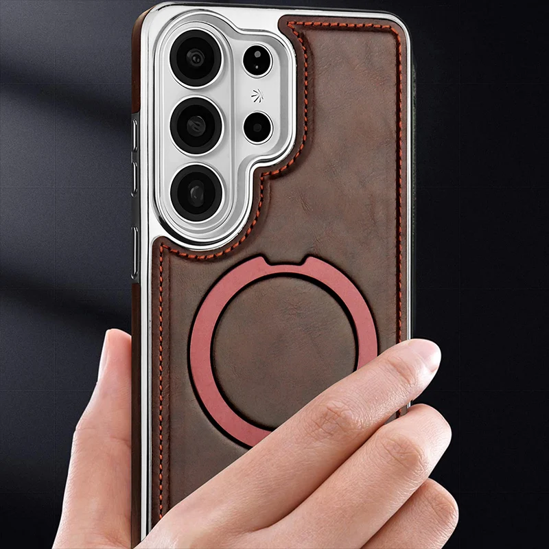 Luxury Leather Phone Case with 360° Rotating Magnetic Stand and Anti-Drop Protection