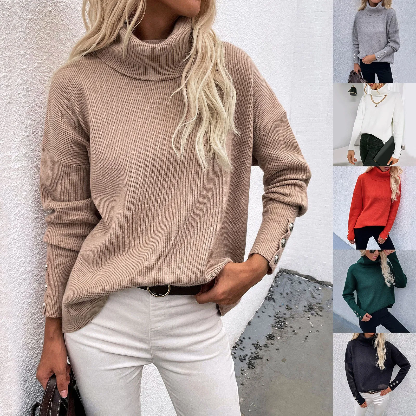 

Women Winter High Collar Cuffs Button Pullover Solid Color High Collar Sweater Large Sweater Sweatshirt for Women