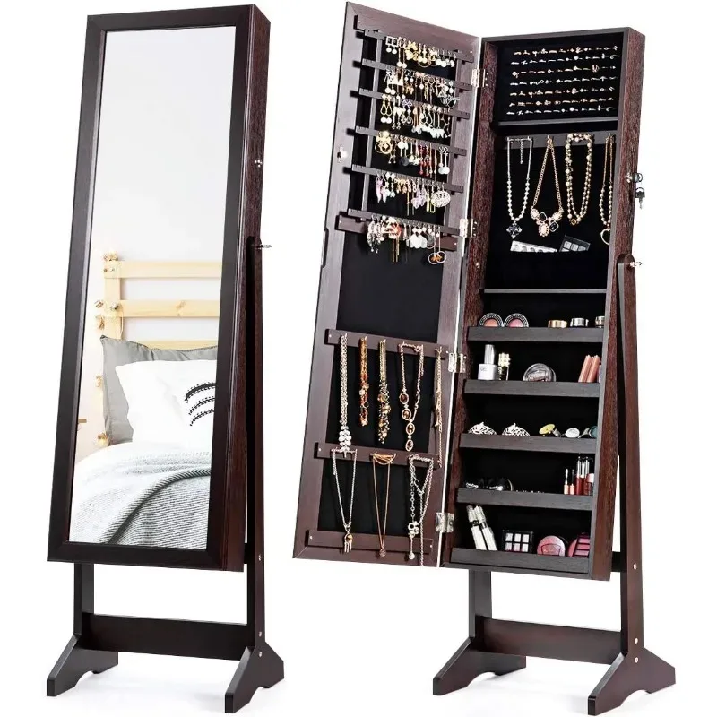 Jewelry Cabinet Armoire with Full-Length Mirror, Freestanding Lockable Jewelry Organizer Box with Large Storage Capacity,