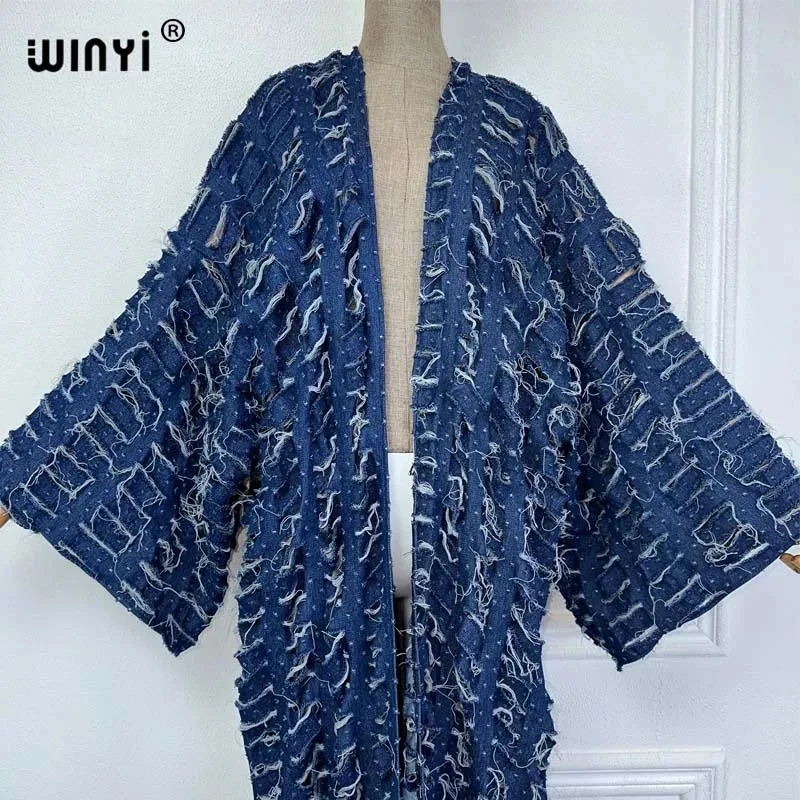 WINYI 여성용 아프리카 패션 가디건, 2024 루즈 오버코트, 할로우 데님 롱 다운 코트, 수영복 커버 업, 여름 기모노, 신제품