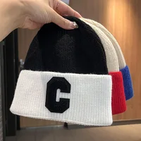 Unisex Simple Big C Letter Woolen Bonnet Cap Autumn Winter Ear Protection Knitted Hat Student Color Match Skullies Beanies 1