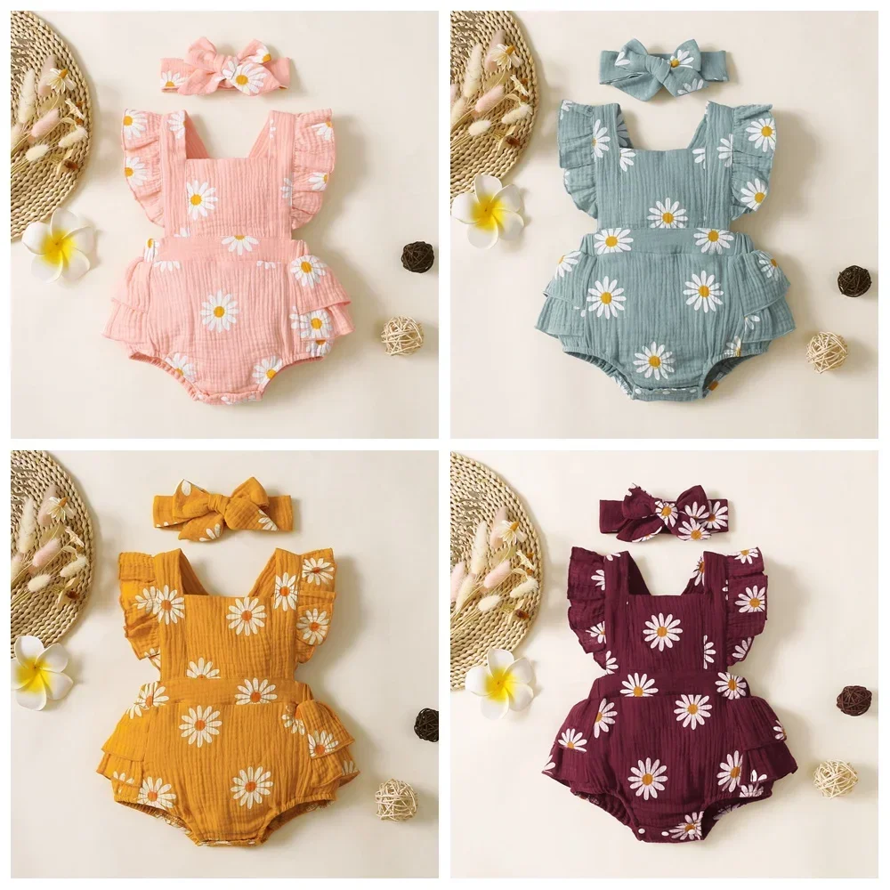 

0-18 Months Infant Baby Girl Romper Clothes Ruffle Sleeveless Bodysuit with Headband Summer Jumpsuit Fashion Cute Newborn Outfit