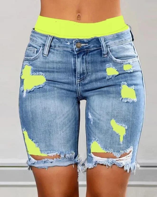 

2023 Elegant Summer New Fashion Women's Colorblock Letter Print Ripped 2-In-1 Denim Skinny Shorts Female Casual Bottom