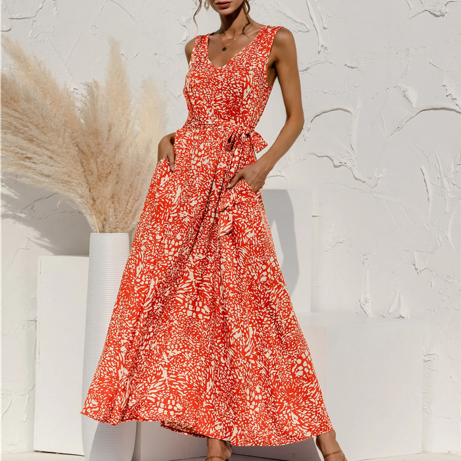 

Women's Summer Dress Women 2022 Evening Dresses Chic and Elegant Bandage Slimming Sleeveless Tank Belt Holiday Sundress Robe