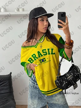 Summer New Brazil Print T Shirt For Women V-Neck Patchwork Short Sleeve Sports Football Jersey Y2K Loose Oversized Vintage Tops 1