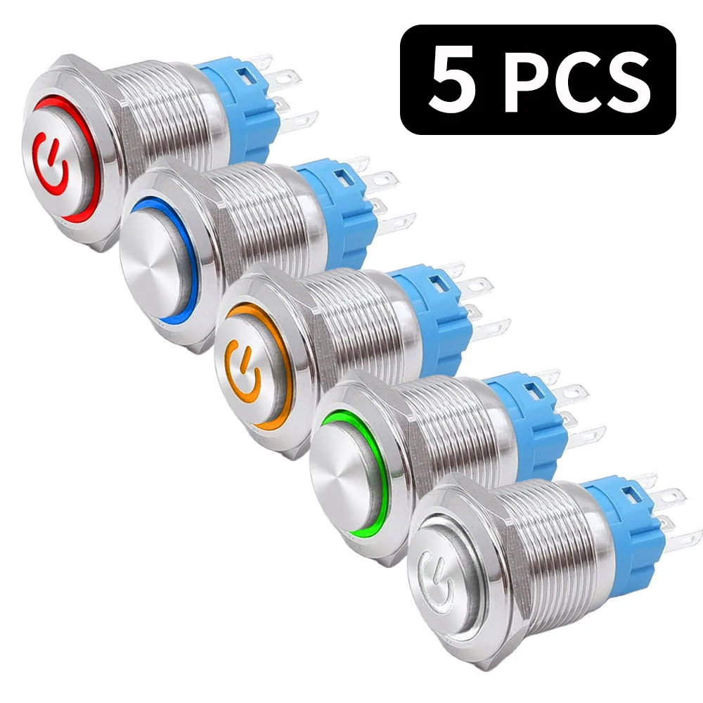 Interruptor de Botão de Metal Impermeável Botões de Alimentação 12v Anel Luz Led Auto-bloqueio Auto-reconjunto 220v Cabeça Alta 16 mm 19 mm 22 mm Pcs