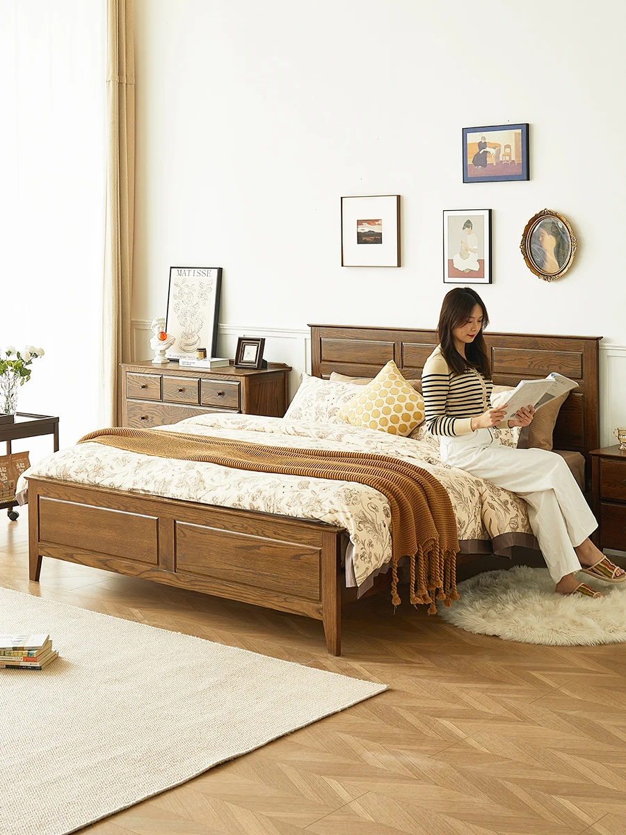 

Двуспальная кровать из цельной древесины, ретро дубовая кровать, основная кровать 1,8 м, экологически чистая мебель из ореха