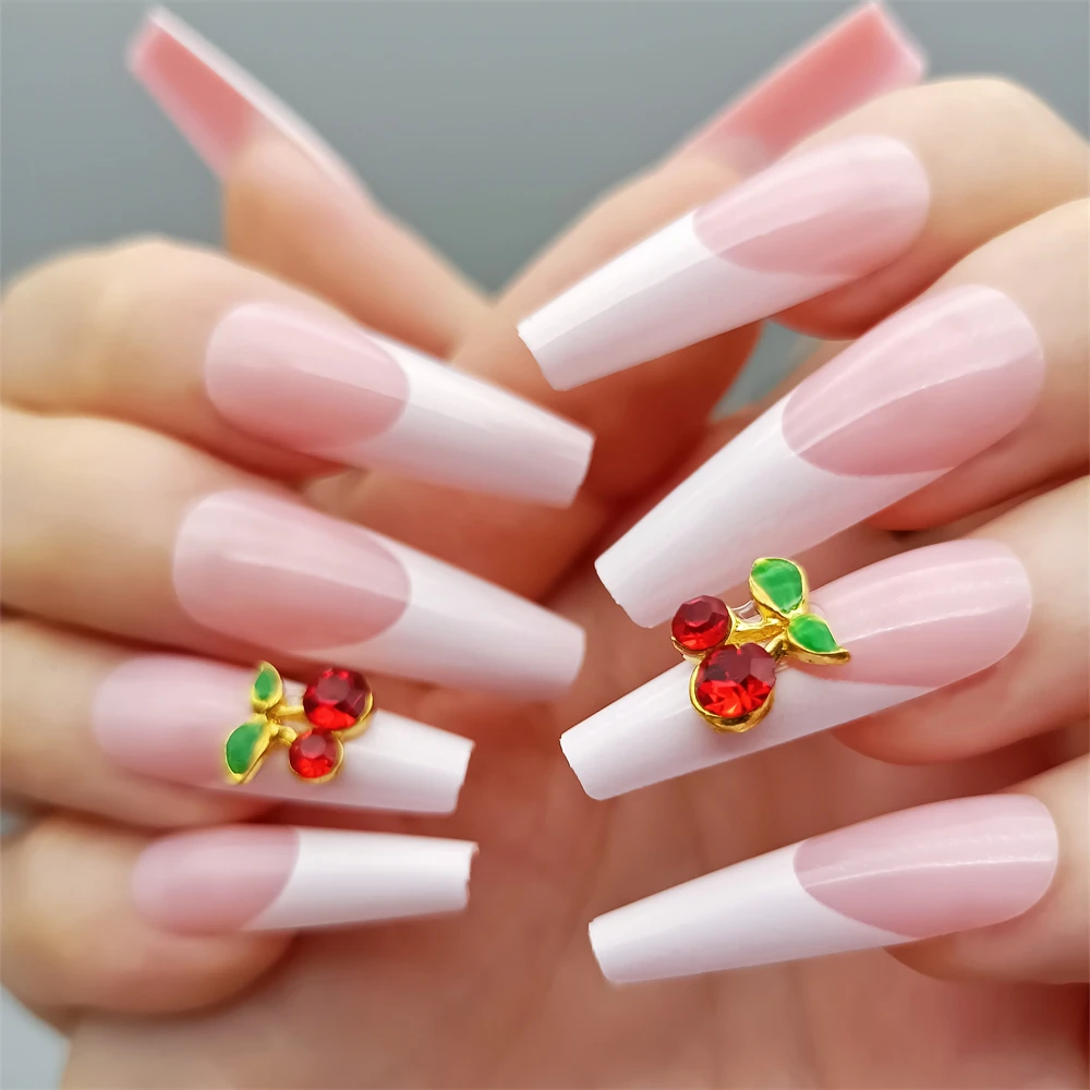 Refreshing Cherry Design False Nails Oval Long Cute Press On French Nail  Tips White With Fruit Print For Summer Top Forms 24pcs - False Nails -  AliExpress