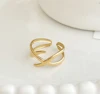 New stainless steel light luxury style Fishbone cross line ring adjustable mouth vintage vacuum electroplating ring for women 1