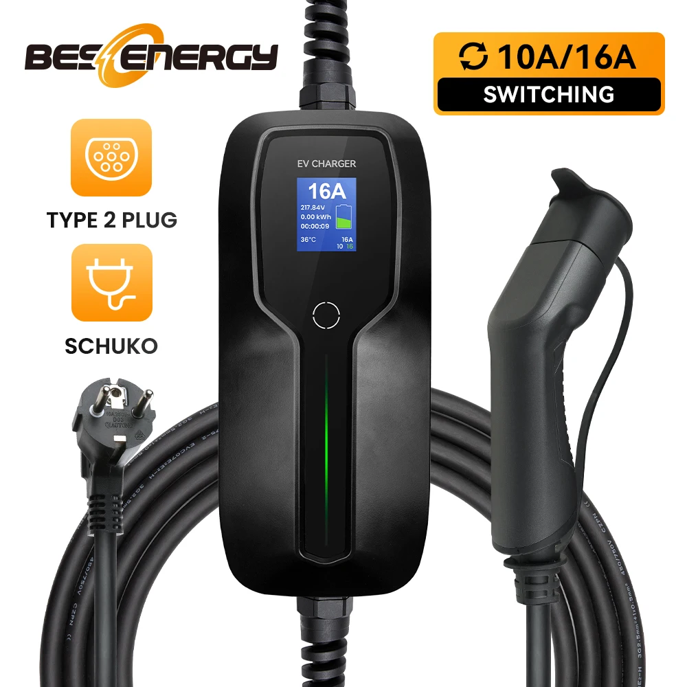 

3.6KW EV Charger Schuko Plug Type2 IEC 62196-2 220V Suit For Electric Car Charging Box 10/16A Current 6M Cable With LED Screen