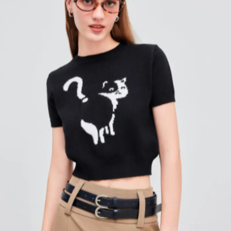 

Korean style animal printing O-collar comparison short-sleeved knitted pullover 2024 spring / summer women's wear