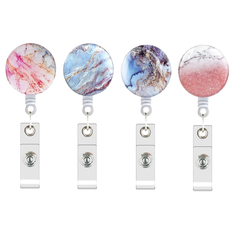 

4Pcs Marble Badge Alligator Clip Retractable Reel Id Name Card Holder For Nurse Office Worker Student Badge Reels