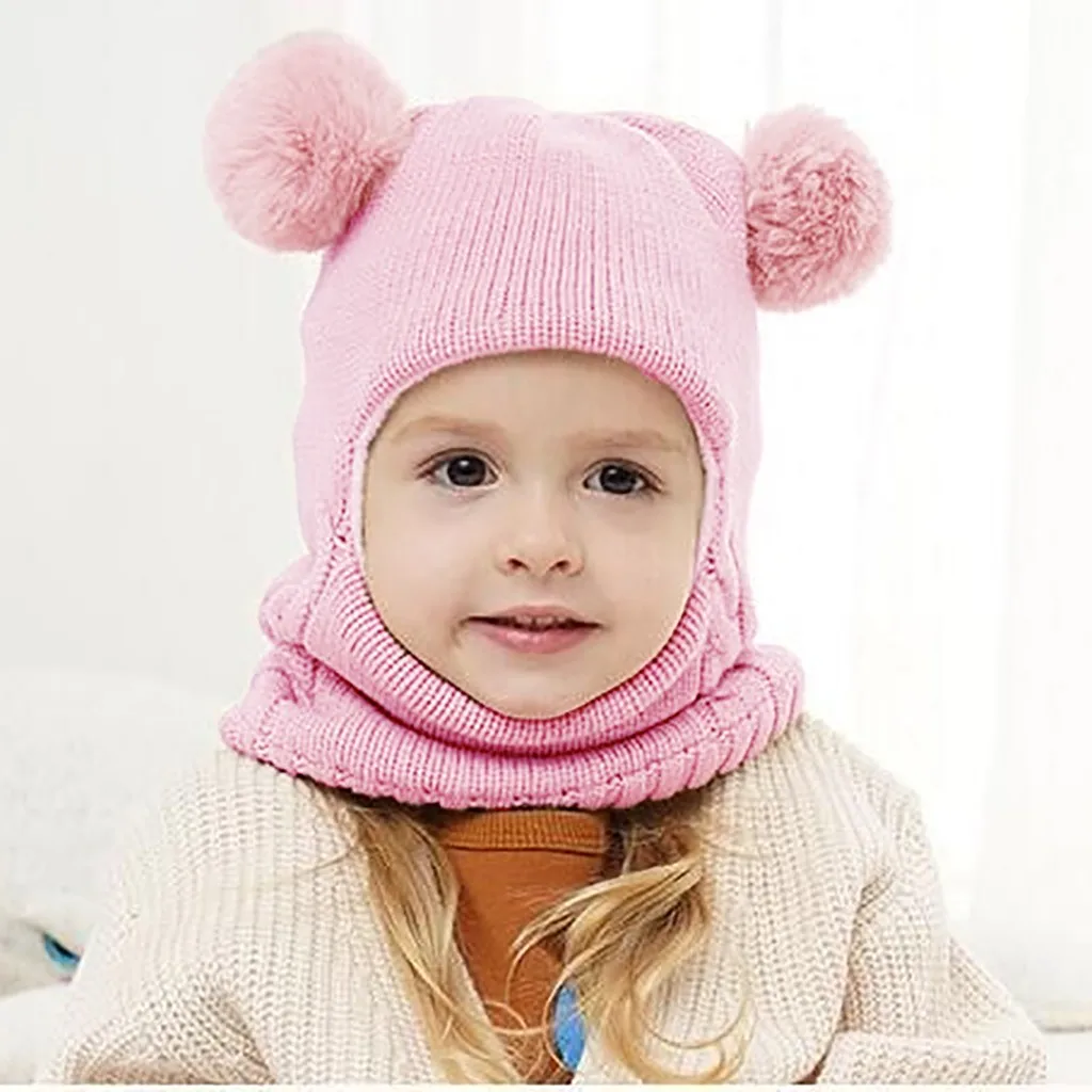 Kid Solid Pompom Beanie Baby Boy Girl Hooded Scarf Caps Hat Winter Warm Knit Flap Cap Scarf Newborn Winter Windproof Warm Hats