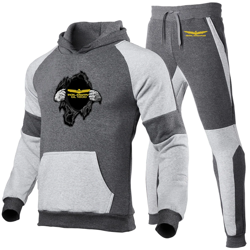 2023 New Spring Autumn Men Goldwing GL 1800 Motocycles Comfortable Casual Joggers Hooded Sportswear Jackets Tricolor Splice Sets