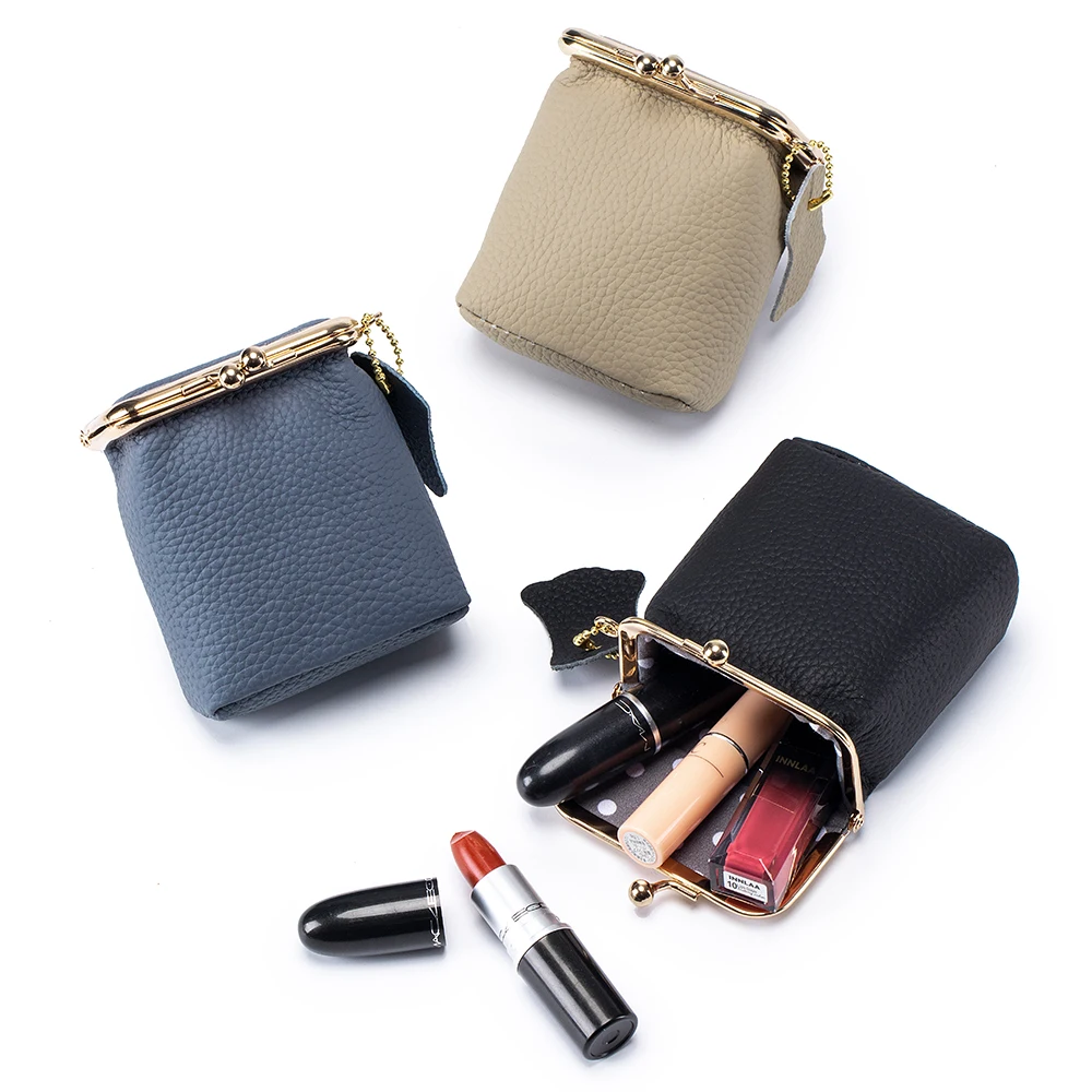 Elegant Women's Real Leather Cosmetic Bag with Golden Hasp - Compact Makeup and Coin Pouch