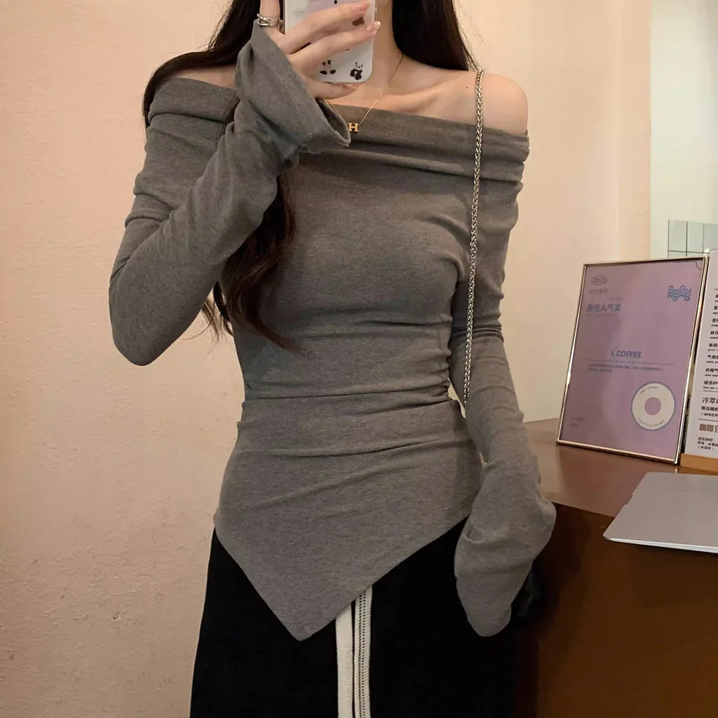 Women Slim Fit Long Sleeve Top Cowl Neck Off Shoulder Irregular Hem Bodycon Tee Casual Y2K Streetwear Blouse 2
