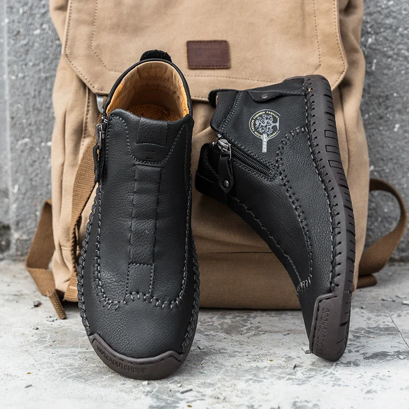 Men Leather Outdoor Ankle Boots Work Handmade Metal Zipper