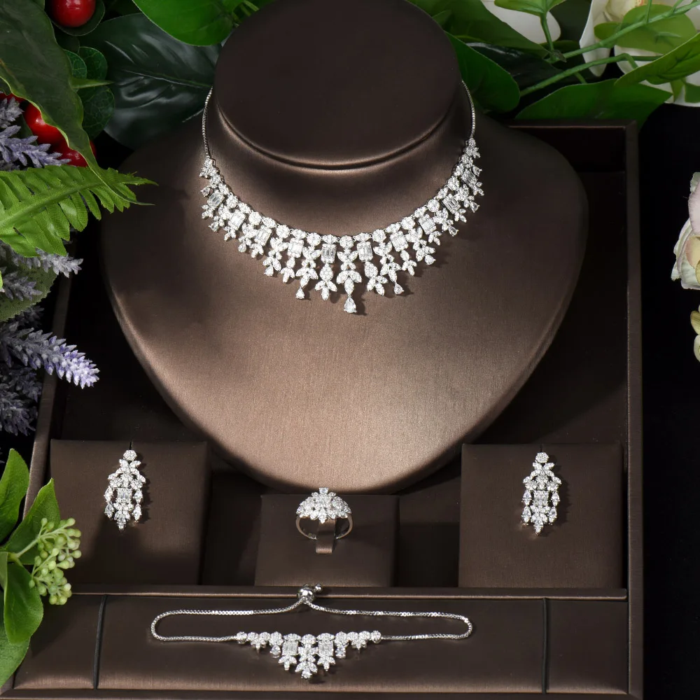 

Fashion Simple CZ Jewelry Set Bride Women Necklace Earring Ring and Bracelet 4PCS Set Geometric Design Party Accessories N-1065