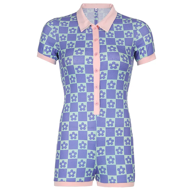 90s Vintage Floral Bodysuit Button Knitted Playsuit Women Rompers Turn Down Collar Short Sleeve Female Harajuku Bodycon Overalls