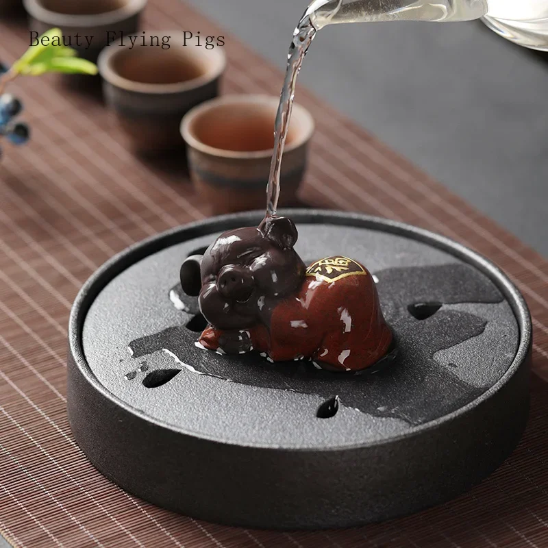Creative Purple Sand Small Size Wufu Pig Tea Pet Decoration Tea Art Tea Set Accessories Artificial  Animal  room decor