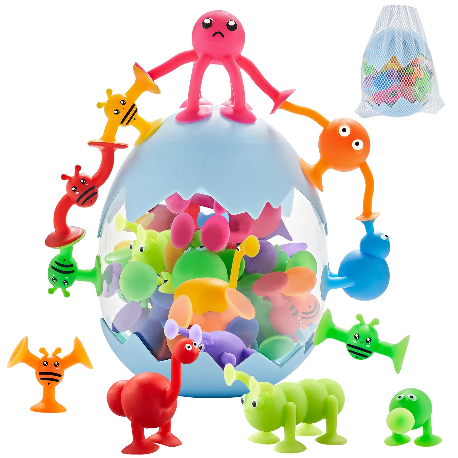 Suction Toys for Baby,40 PCS Silicone Suction Cup Animal with Dinosaur Eggshell Storage,Toddler Bath Toys for Ages 1-3