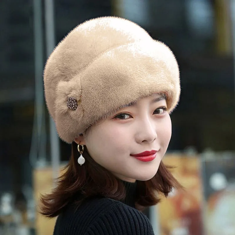 Fur hat Winter hat Women Earflap Fisherman Earwarmer Floral Basin Cap