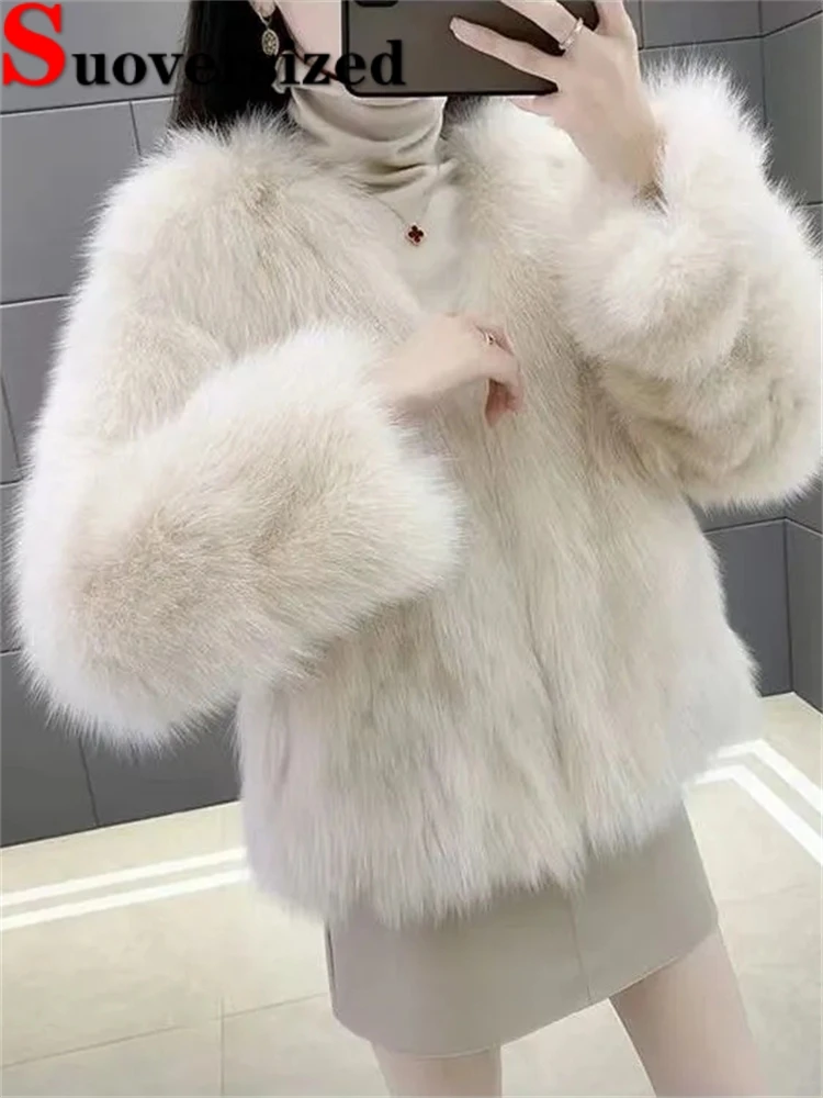 

Thicken V-neck Faux Fox Fur Coats Winter Warm Furry Short Casaco Korean Slim Cropped Jaqueta Feminina Plush Fashion Chaquetas