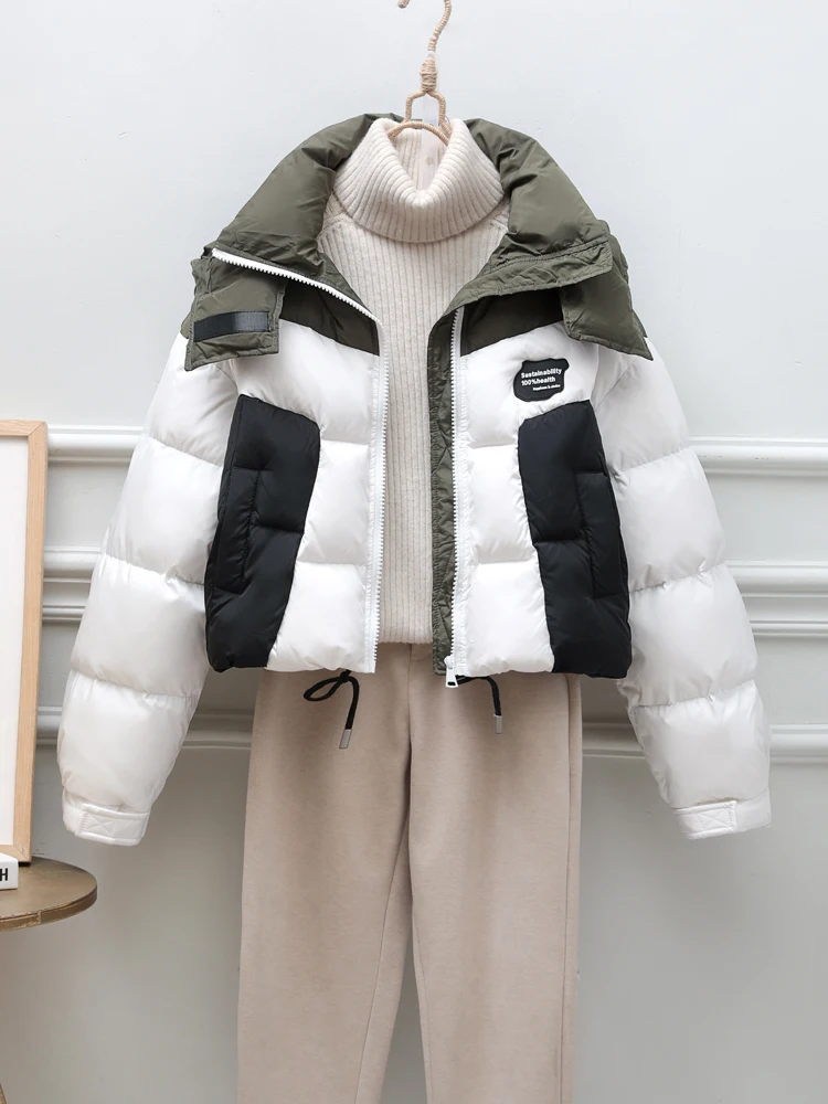 Casual Short Contrast Color Down Jacket Female 2023 New Winter Clothes Korean Fashion Stitching Long Sleeve Puffer Jacket Women