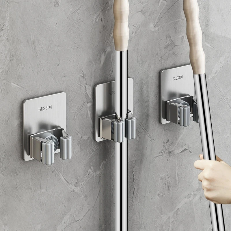 Multi-Purpose Hooks Adhesive Wall Hanging Mop Rack Broom Stainless Steel Hanger Hook Kitchen Bathroom Organizer Accessories