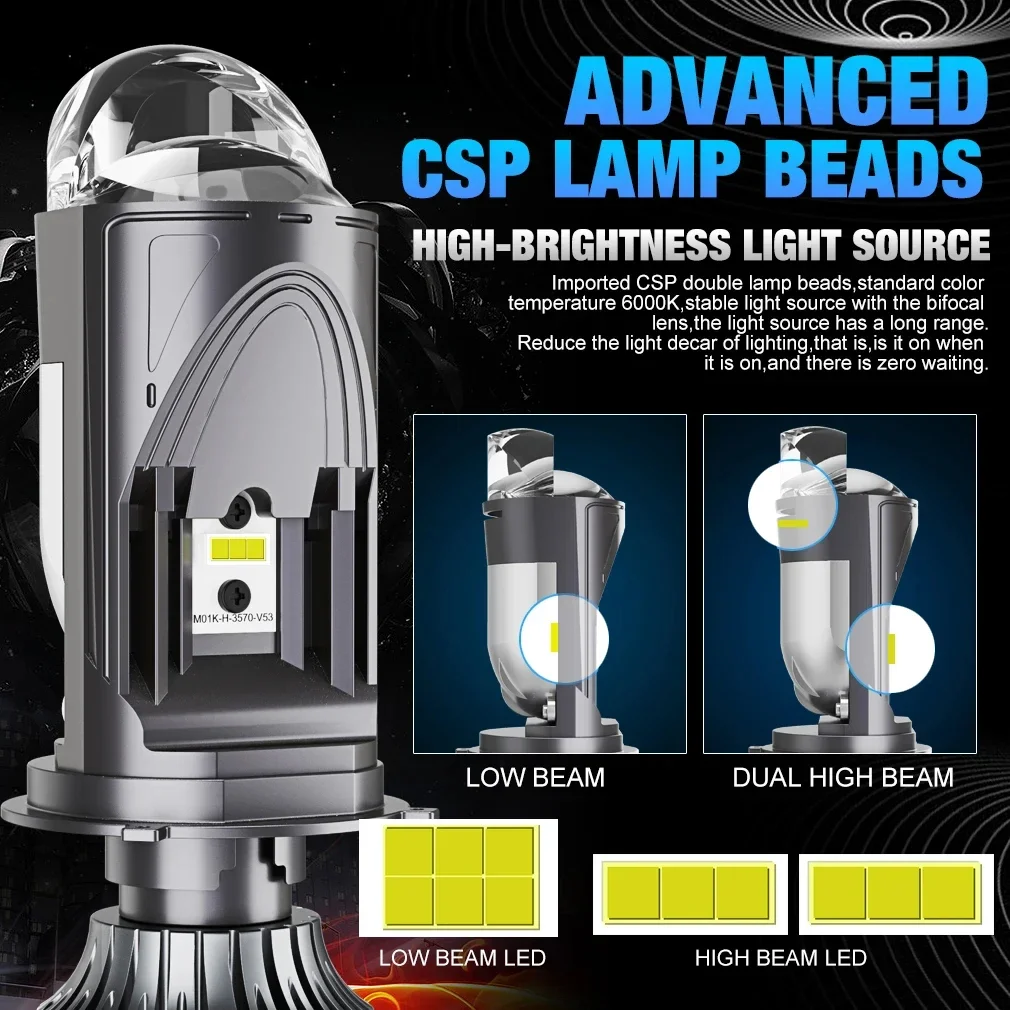 H4 Bi LED 프로젝터 렌즈 헤드라이트 Canbus 자동차 오토바이 CSP 터보 STG PTF 듀얼 하이 로우 빔 전구, 플러그 앤 플레이, 12V, 24V, 6000K