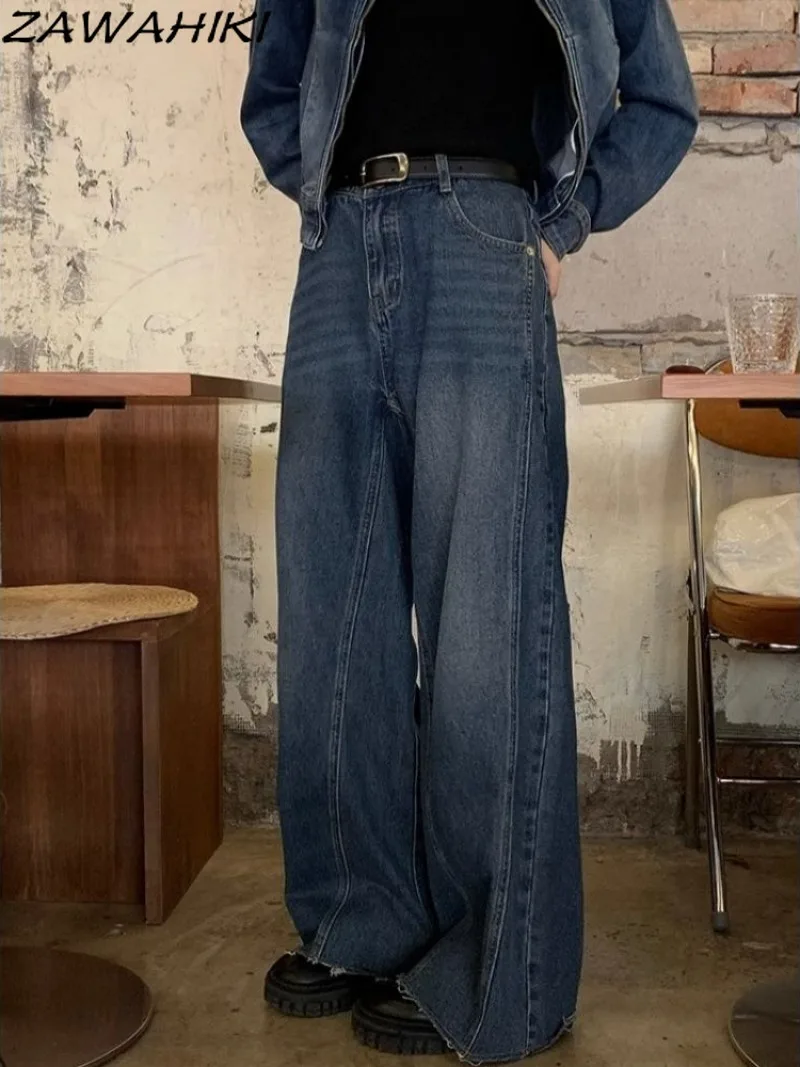 

Fall New Arrive American Retro Straight High Waist Jeans Women Chic Designed Frayed Loose Wide Leg Y2K Aesthetic Denim Pants