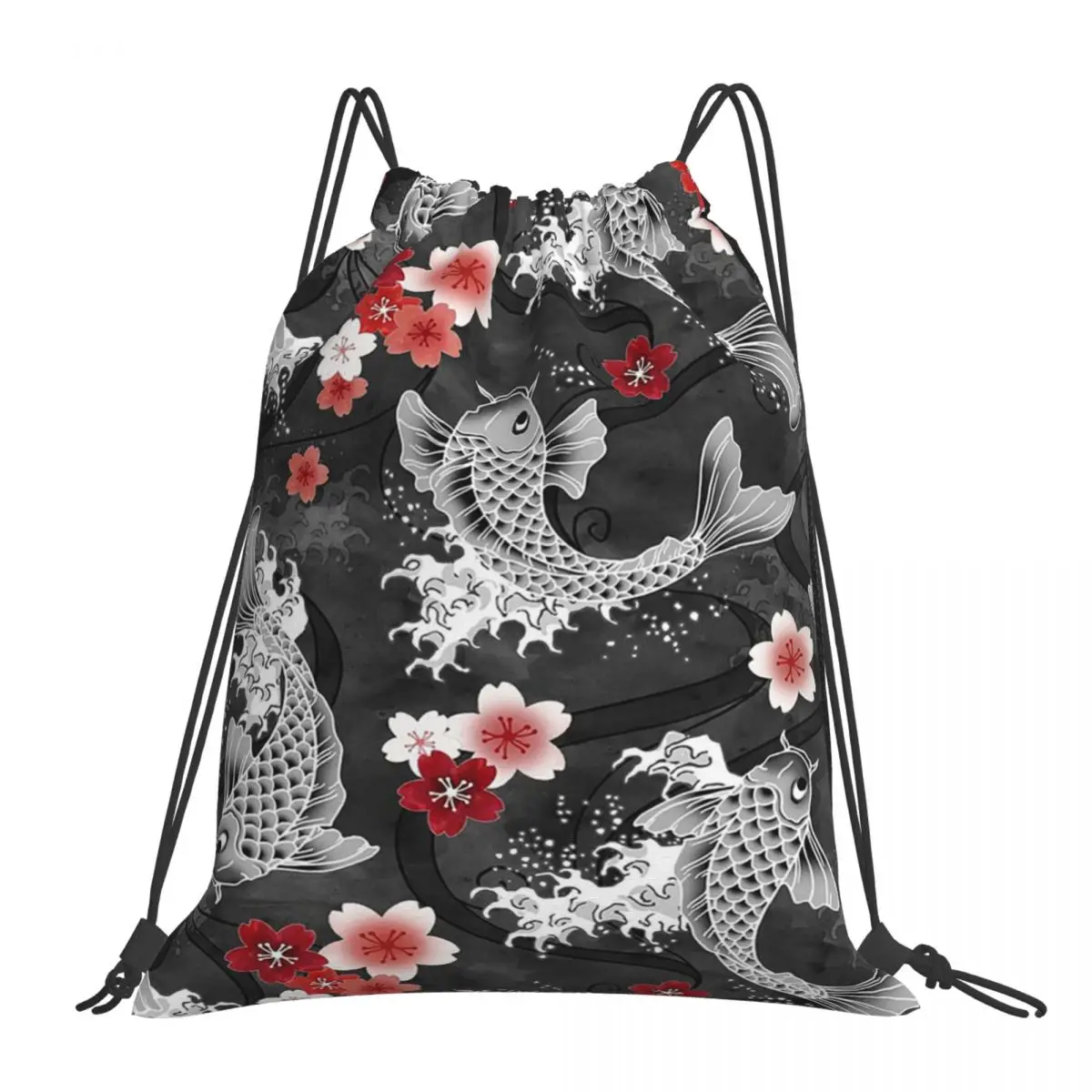 

Koi Sakura Blossom In Black Backpacks Portable Drawstring Bags Drawstring Bundle Pocket Sports Bag BookBag For Man Woman School