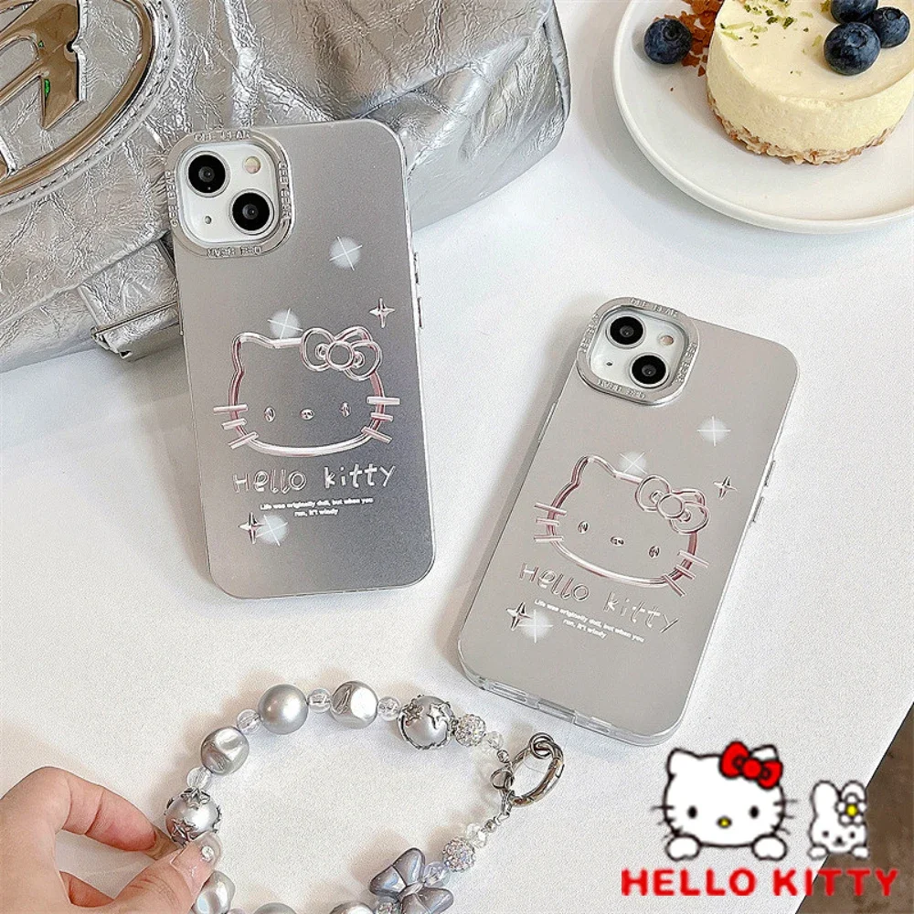 Custodia Per Telefono Ins Sanrio Hello Kitty Per Iphone 15 14 13 12 11 Pro Max Xr Xs X Kawaii Anime Antiurto Silver Shell Y2K Girl Gift