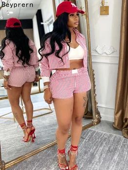 Beyprern Women's Red Striped Blouse Shirt Top And Matching Shorts Set Summer Tracksuits Set 2 Piece Outfits Workout Overalls 1