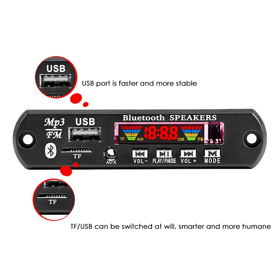 WMA 디코딩 보드, 블루투스 5.1 무손실 디코딩 보드, 2x30W 증폭기, MP3 리시버 모듈, 지지대 FM 라디오