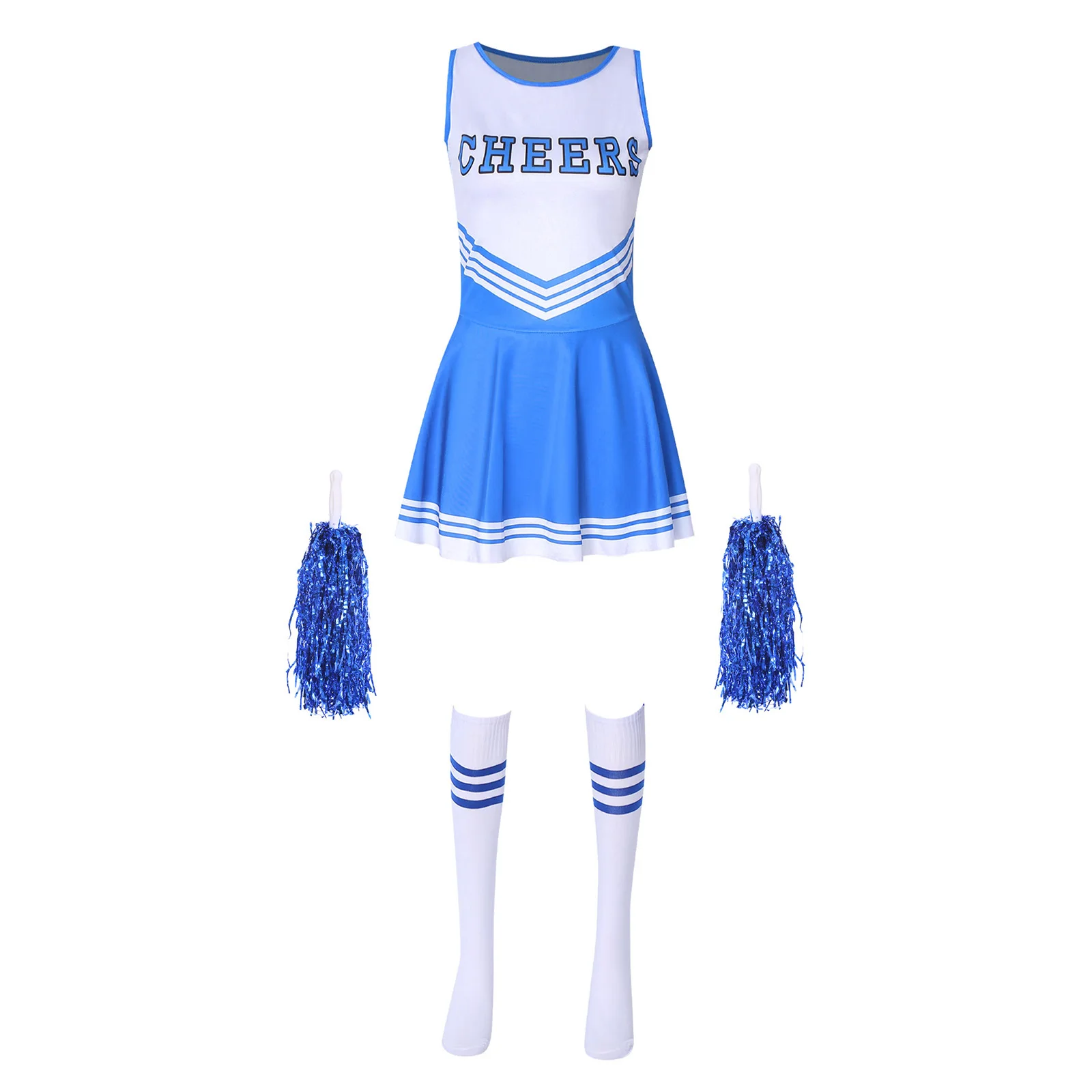 Cheerleader-Kostüm für Damen, Cheerleading-Uniform, Halloween-Cosplay-Party-Outfit, Kleid mit Buchstabenaufdruck und Socken, Anfeuernde Blume – Detail 3