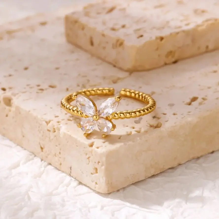 Zircon Butterfly Rings for Women Stainless Steel Adjustable Shiny Butterfly Ring