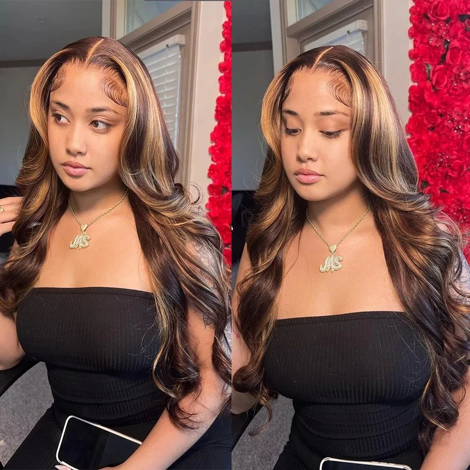 Body Wave Lace Front Wig Brazilian Colored Human Hair Wigs For Black Women Honey Blonde Highlight 30 Inch HD Frontal Lace Wigs