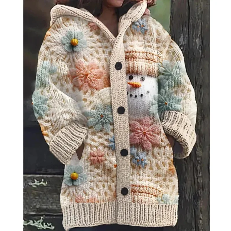 2024 Knitted Sweater Cardigan Cat Print O-neck Long Sleeve Jumpers Warm Fashion Women Casual Cardigan Autumn Winter Sweater 3