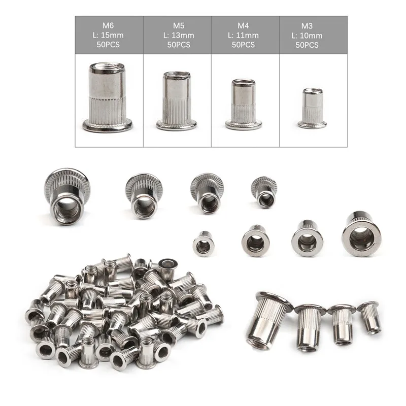 100PCS Stainless Steel Threaded Rivets Nut Flat Head Rivet Nuts Set Insert Reveting M3 M4 M5 M6 rivet nuts set