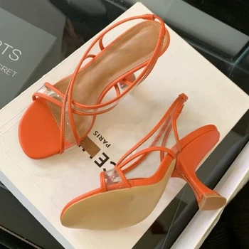 Fashion Transparent PVC Cross Tied High Heeled Sandals Women Summer Sexy Open Toe Designer Shoes Elegant Banquet Dress Shoes