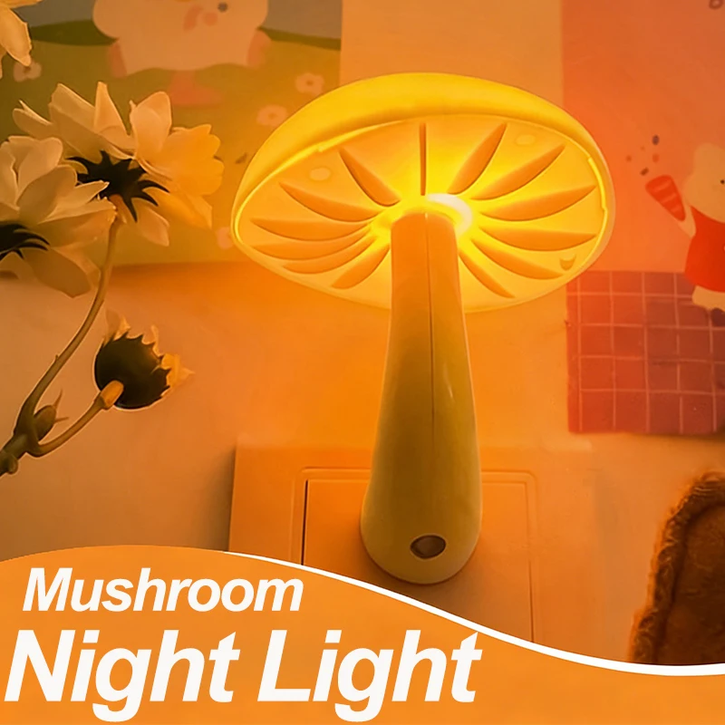 Sensor Mushroom Night Light with LED Warm White Glow,US/EU Plug Wall Socket Bedside Lamp,Dimmable Home Decor for Bedroom Kids